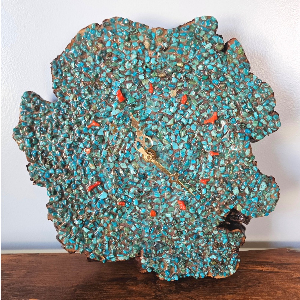 Vintage Turquoise Coral Chip Inlay Live Edge Wood Slab Wall Clock *NOT WORKING*